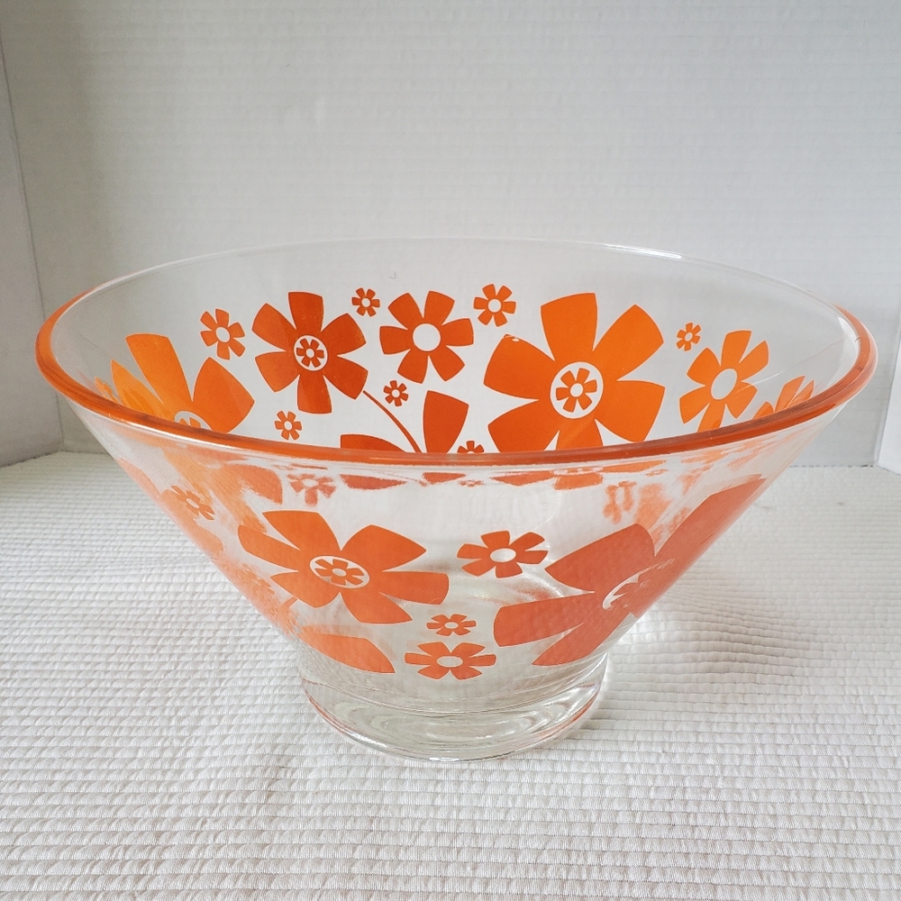 Anchor Hocking Chip N Dip Bowl 10.5"x6" Flower Power Mod Vintage MCM Orange USA